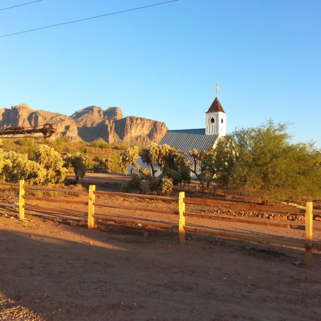 Superstition Mountains; Old church with Superstition Mountain in the background