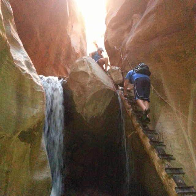 Kanarraville Falls Hike - heading down the ladder