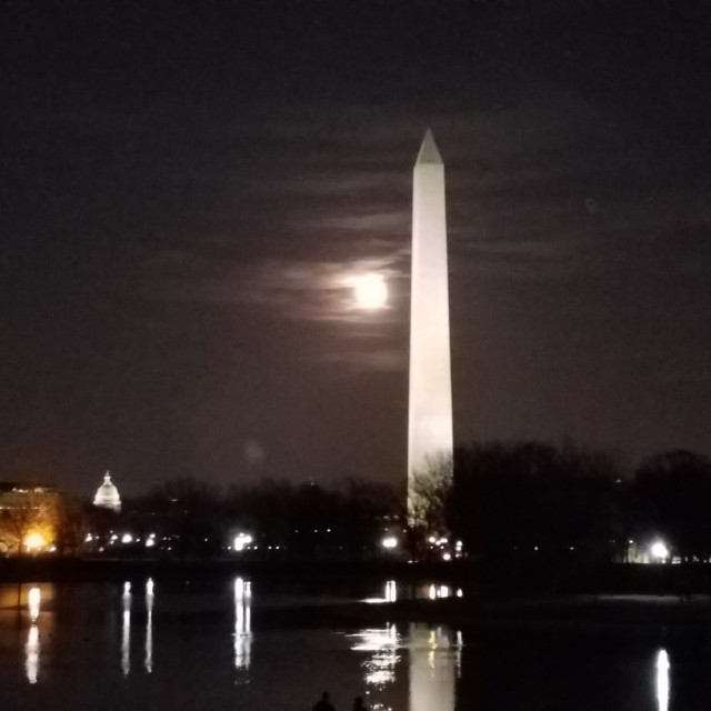 Washington Monument with full moon