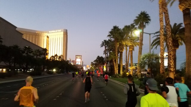 Heading north on Las Vegas Blvd. It was kind of eerie to run past the Mandalay Bay just about a year after the infamous mass shooting. Las Vegas Rock 'n' Roll Marathon 10