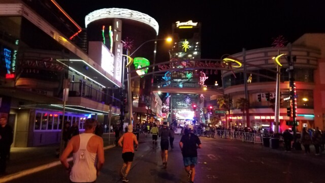 I was hoping we'd actually run through the Fremont Street Experience, but we just barely missed it. We turned left just before the main part of the Old Strip. Las Vegas Rock 'n' Roll Marathon 17