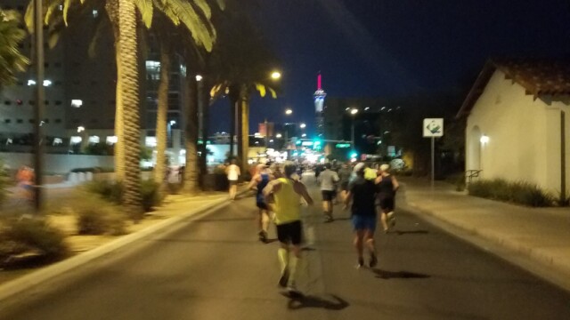 Fast forward about 15 miles. This is coming down one of the back roads, with the Stratosphere in the distance. Las Vegas Rock 'n' Roll Marathon 18