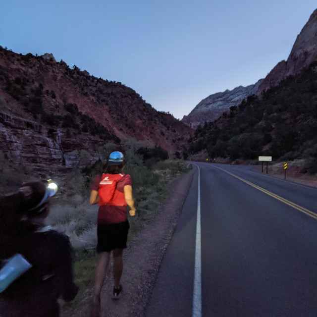 Running uphill at dawn, up Zion Canyon Scenic Drive.