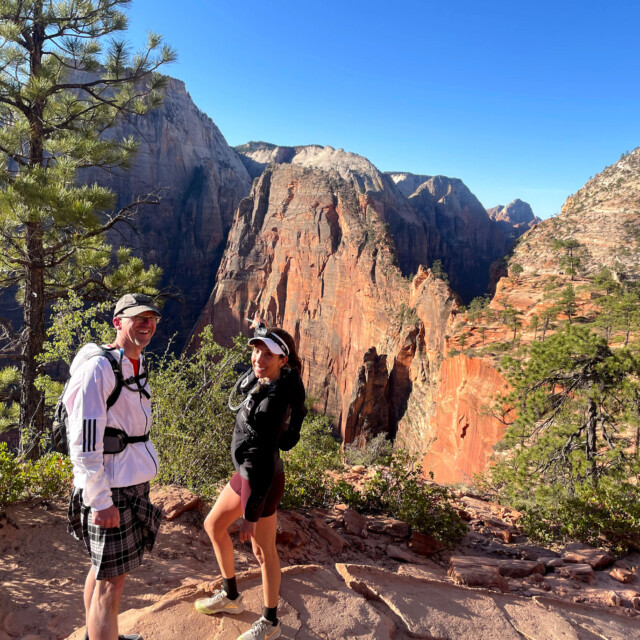 Jayna and me posing in front of a spectacular view of Angel's Landing (one of the scariest hikes in any national park).